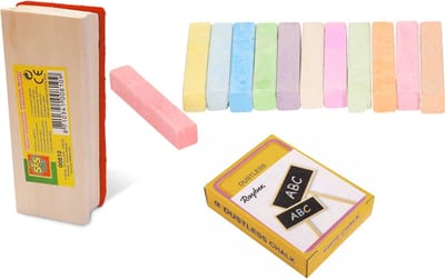 Schoolbord / krijtbord krijtjes set - met bordenwisser - 12x witte krijtjes - 12x gekleurde krijtjes - en een stevige bordenwisser