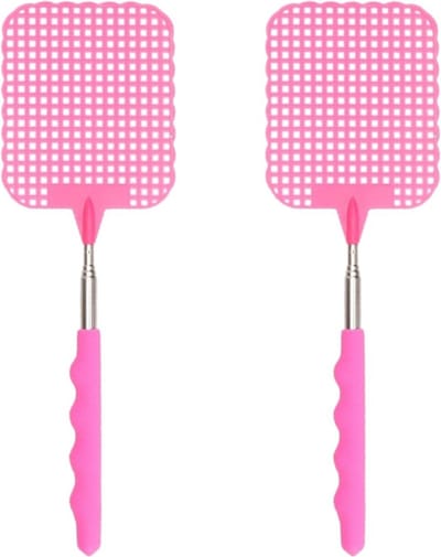 Set van 2x stuks uitschuifbare vliegenmeppers roze 66 cm - Xl vliegenmeppers - Ongediertebestrijding
