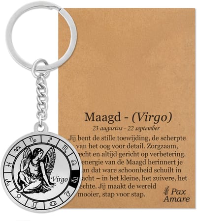 Sterrenbeeld Maagd (Virgo) Sleutelhanger op Cadeau Kaartje – Spiritueel Cadeau van Roestvrij Staal – Zilverkleurig – Pax Amare