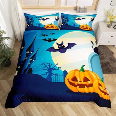 Housse de couette Halloween Lanterne Citrouille Horreur Ensemble de literie Polyester Couvre-couette Chevalier Effrayant Fou King Pour Enfants Garçons Filles EU Single(135x200cm)
