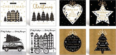 100 Luxe dubbele Kerstkaarten - Folie - 8 motieven - Witte envelop - 10 x 10 cm