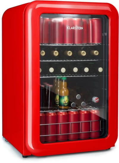 Klarstein PopLife Drankenkoeler - Mini-bar, Retrokoelkast, 0-10°C, slechts 39 dB, 115 L, milieuvriendelijk, dubbel glazen deur, Retro-design, rood