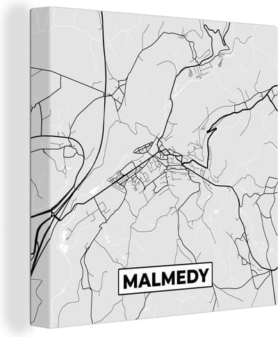 Canvas Schilderij Zwart Wit – België – Plattegrond – Stadskaart – Kaart – Malmedy - 20x20 cm - Wanddecoratie
