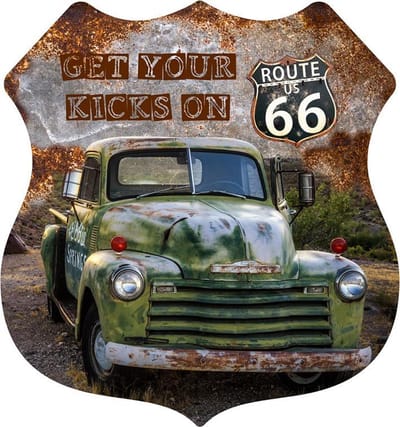Signs-USA Shield Green Car - Kicks on route 66 - Wandbord - 56 x 60 cm