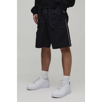 Wijde Lange Nylon Short Met Contrasterende Stiksels | Black | Size XS