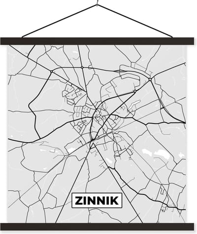 Posterhanger incl. Poster 60x60 cm - Schoolplaat - Plattegrond – Zinnik – Zwart Wit – Stadskaart - Kaart - Textielposter - Zwarte latten - Stadskaart