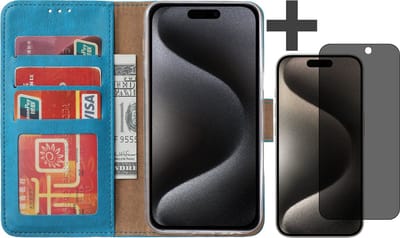 Hoesje met Privacy Screenprotector Geschikt voor iPhone 15 Pro – Arara bookcase met pasjeshouder - Blauw