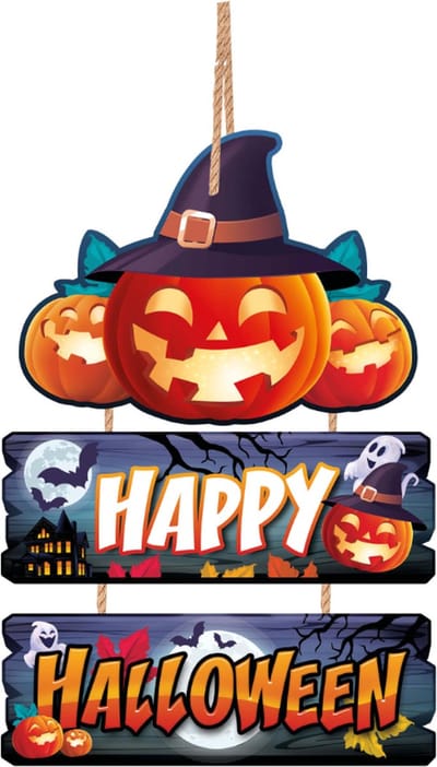 Fiestas Guirca - Houten happy Halloween deurbord - 3 delen - x cm - Halloween - Halloween Decoratie - Halloween Versiering