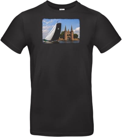 T-shirt zwart met opdruk van de waterpoort en skûtsje (de Sneker Pan) van Sneek maat S van Shirtmakelaar