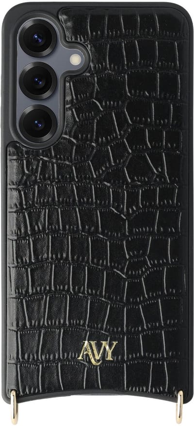 AVY Leren Hoesje geschikt voor Samsung Galaxy S25 / S24 | Compatibel met MagSafe | Leather Case | Back Cover | Haakjes voor koord | Croco Zwart