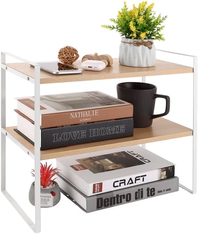 Dailygoods- Bureau Organizer Wit - Houten Boekenrek - Dubbellaags Structuur - 40 x 20 x 36 cm - Compact Opbergrek - Geschikt voor Kleine Ruimtes