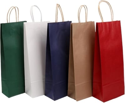 25 x Wijntas 14+8x39cm voor 1 Fles Mix 1 rood bruin wit blauw groen /Flestas papier / Cadeauverpakking /draagtas voor Fles/wijn / Fleszak · Fles zak /