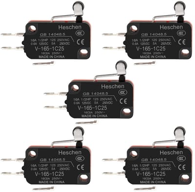 Jhubersproducts - Micro Switch - Schakelaar - Korte Roller Lever - Rood - 5 Stuks - 16A 250VAC - Geschikt voor Panel Mount - Kleur Rood