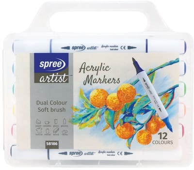 Harlekijn acryl markers set - driehoekig, 12 kleuren, PP box.