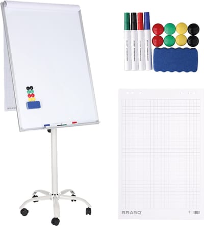 BRASQ Flipover Verrijdbaar - 70x100 cm - Verstelbaar Whiteboard - Inclusief 25 vellen papier, 4 Stiften, 8 Magneten, Wisser - Flipover met Papierklem en Haken - Magnetisch bord - Magneetbord - Wit