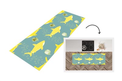 Keukenloper - Loper keuken - Haai - Cartoon - Geel - Patronen - Tiener - 150x50 cm - Keukenloper vinyl