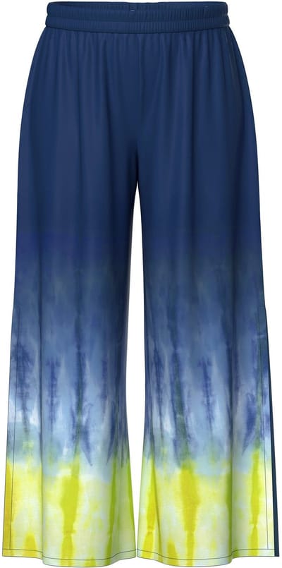 Ulla Popken - Dames - Wijde broek batikprint wijde pijpen elastische tailleband - Asfaltblauw - Maat 42+