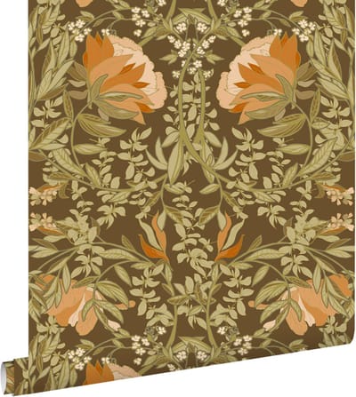 ESTAhome behang vintage bloemen in art nouveau stijl groen en oranje - 50 x 900 cm - 131730