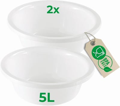 Novaliv 2x Afwaskom Rond 5L, D32 cm, Wit, BPA-vrij, Vaatwasserbestendig, Ideaal voor Keuken en Camping, Ronde Kom, Ronde Plastic Kom, Afwaskom, Plastic Kom, Plastic Kom
