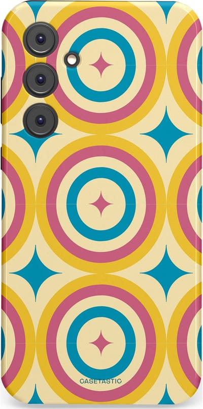 Casetastic hoesje geschikt voor Samsung Galaxy A35 - Dubbellaagse bescherming - Swinging Retro Boogie Circles - Fashion Case - Crème Goud Lichtblauw Koraal
