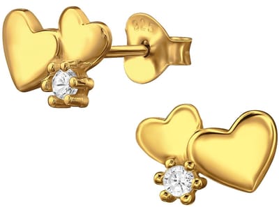 Joy|S - Zilveren hartje oorbellen met zirkonia - 2 hartjes - 8.5 x 6.5 mm - hartjes oorknoppen - gold plated