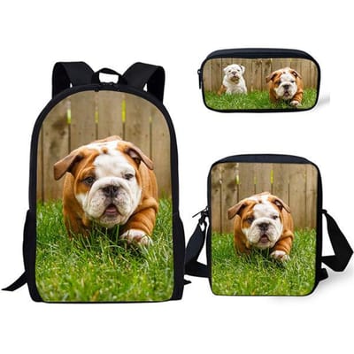 Klassieke Schattige Dieren Bulldogs 3D Print 3 stuks/Set leerling Schooltassen Laptop Dagrugzak Rugzak Schuin gedragen schoudertas Etui