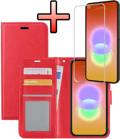 Hoesje - Met Screenprotector - Geschikt voor Samsung Galaxy A27 - Luxe Pasjeshouder - Bookcase Portemonee - Flip Case - Kunstleer Book Case - Flipcase - Book Cover - Walletcase - Portemonneehoes - Rood