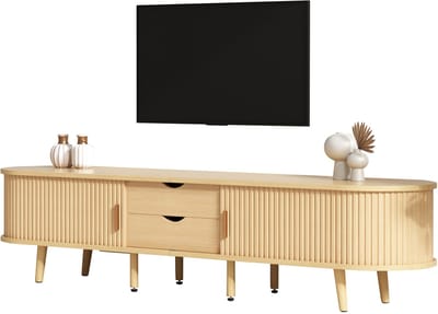 DESMIU Tv Meubel En Salontafel Set - Minimalistisch Design Met Opbergruimte En Ovaal Blad - Woonkamer - MDF - Licht Walnoot - 175x40x42 Cm En 100x50x40 Cm