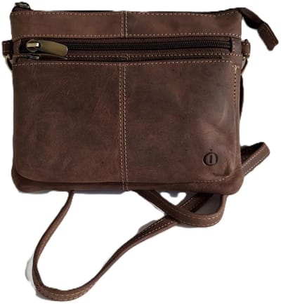 Oi Hunter bruin leren damestasje Tineke / plat praktisch schoudertasje met veel ritsen / festivaltasje compact ook cross te dragen / bruin leer / 662H