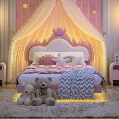 Gestoffeerd eenpersoonsbed - Kinderbed met led - Dromen en spelen - App bediening verlichting - 140x200 cm - Roze wit