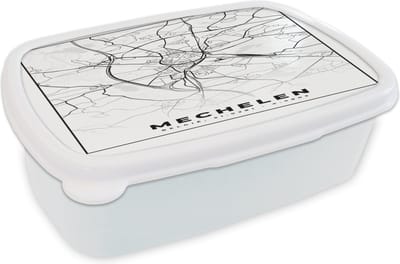 Broodtrommel Wit - Lunchbox - Brooddoos - België – Mechelen – Stadskaart – Kaart – Zwart Wit – Plattegrond - 18x12x6 cm - Volwassenen