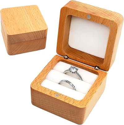Vintage Houten Ringdoos met Dubbele Sleuf, 6 x 6 x 4 cm, Vierkante Ringdoos met Fluwelen Voering voor Trouwaanbiedingen, Verlovingen en Dagelijks Gebruik