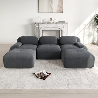 DESMIU U-Bank 298 x 178 x 75 cm - Modulair Zonder Montage Met 32D Koudschuim En Brede Armleuningen - Voor Woonkamer Slaapkamer En Kantoor - Ribfluweel Grijs