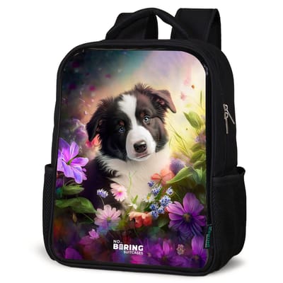 NoBoringSuitcases.com® - Rugzak zwart - Schooltas jongen & meisje - Hond met blauwe ogen in een veld - Rugtas voor school - Boekentas kind - Schoolrugzak - Kinderrugzak