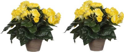 Mica Decoration Kunstplant - 2x - begonia - geel - in pot - 30 cm - nepplanten