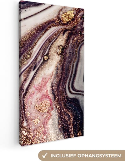 Canvas schilderij 20x40 cm - Wanddecoratie Marmer - Roze - Goud - Glitter - Marmerlook - Muurdecoratie woonkamer - Slaapkamer decoratie - Kamer accessoires - Schilderijen op canvas