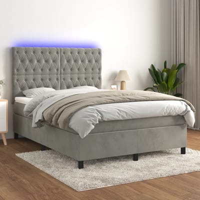 vidaXL - Boxspring - met - matras - en - LED - fluweel - lichtgrijs - 140x200 - cm