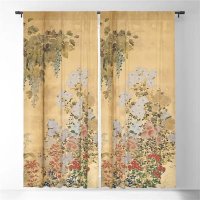 Écran six panneaux Période Edo Japonaise Feuille d'Or Rideaux Fenêtre Chrysanthème Blanc et Rouge Espace de Vie Espace Chambre Décoration Fenêtre Rideaux Fenêtre 75W166H(CM)x2&Grommet Top