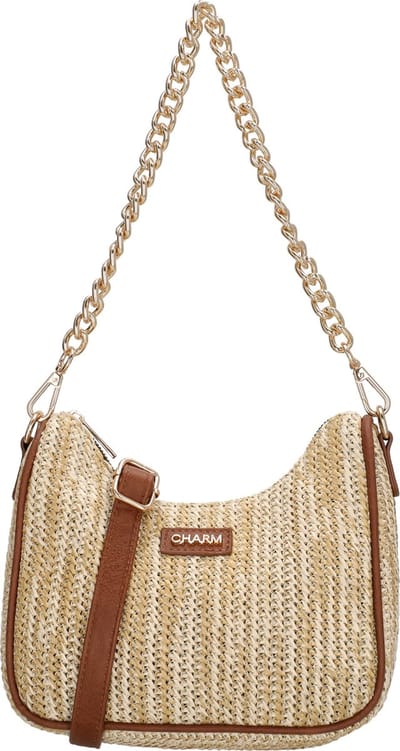 Charm London Hillingdon Schoudertas - Crossbody - Raffia - Goud - Ritsvakken - Schouderband - Beige