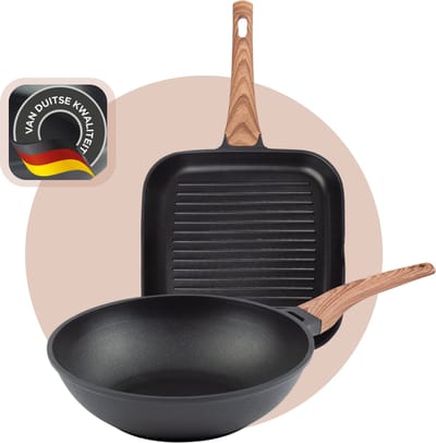 Rosmarino Pannenset - Pannenset inductie - Pannen - Wokpan 30 cm - Grillplan 28 cm - Inductie - Aluminium - Zwart - 2 stuks