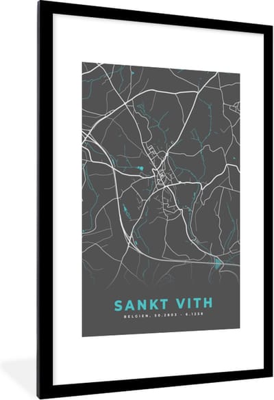 Fotolijst incl. Poster - Plattegrond – Sankt Vith – Blauw – Stadskaart - Kaart - België - 80x120 cm - Posterlijst
