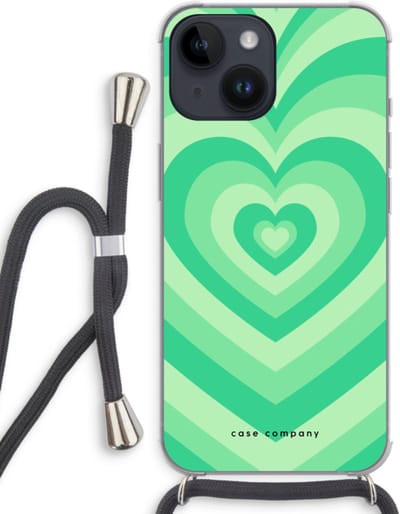 Case Company® - Hoesje met koord geschikt voor iPhone 14 hoesje met Koord - Hart Groen - Telefoonhoesje met Zwart Koord - Bescherming aan alle Kanten en Over de Schermrand