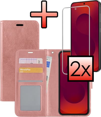 Hoesje - Met Screenprotector - Geschikt voor Samsung Galaxy S25 FE - Luxe Pasjeshouder - Bookcase Portemonee - Flip Case - Kunstleer Book Case - Flipcase - Book Cover - Walletcase - Portemonneehoes - Rosé goud