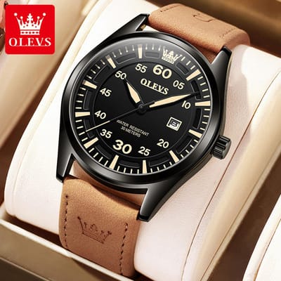 HO-9962.br-zw-cr : Olevs cognackl leren band aan zwart stalen quartz horloge, luminicerende wijzerplaat, dagkalender