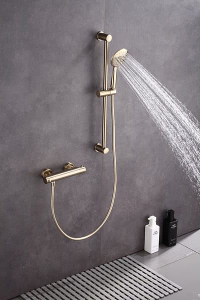 WEBO Eva doucheset – douchemengkraan met thermostaat-glijstang 60 cm - mat goud geborsteld - compleet met alle montagemateriaal
