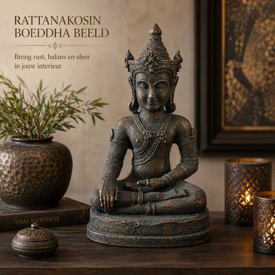Rattanakosin Boeddha Beeld – Antieke Betonlook – Bronskleurig Grijs Groen – 32 cm – Zwaar Decoratiebeeld – Oosterse Woondecoratie