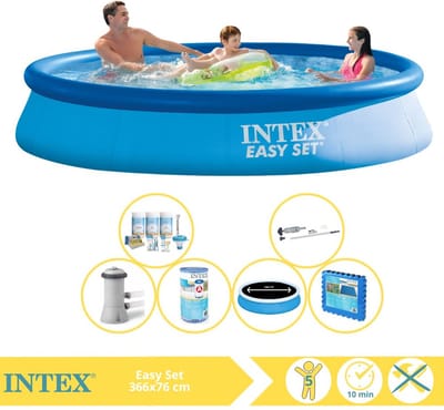 Intex Rond Opblaasbaar Easy Set Zwembad - 366 x 76 cm - Blauw - Inclusief Pomp - Solarzeil - Onderhoudspakket - Filter - Stofzuiger - Vloertegels - 7-delig