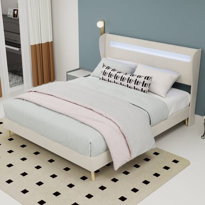 DESMIU Gestoffeerd Bed 140x200 Cm – Bed Met Verstelbare Led Verlichting – Stevig Bedframe Met Rugleuning – Ideaal Voor Slaapkamer – Stof En Metaal – Beige – Zonder Matras