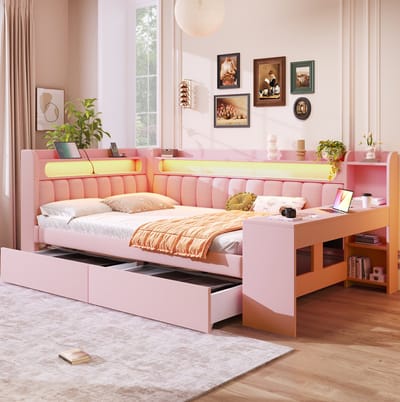 MIVRAY Bedbank 140x200 cm Zonder Matras - Gestoffeerd Bed Met USB En LED Verlichting - Met Bureau En 2 Laden - MDF En Stof - Roze