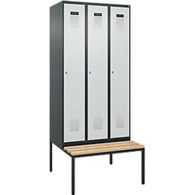 C+P Evolo Plus garderobekast, 3 vakken, 300 mm vakbreedte, met bank eronder, B 900 x D 815 x H 2120 mm, cilinder, antracietgrijs/lichtgrijs